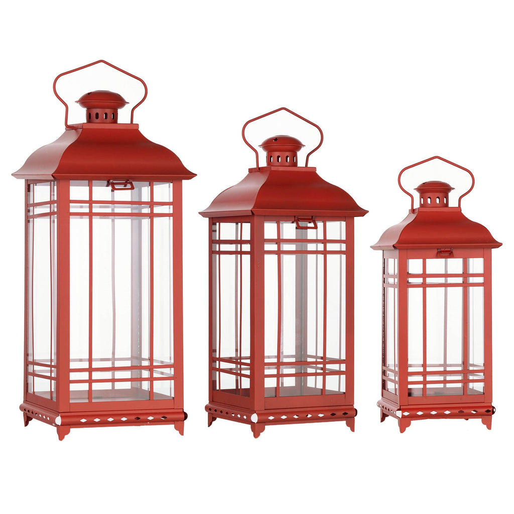 Set of Three Classic Farmhouse Red Metal Lanterns