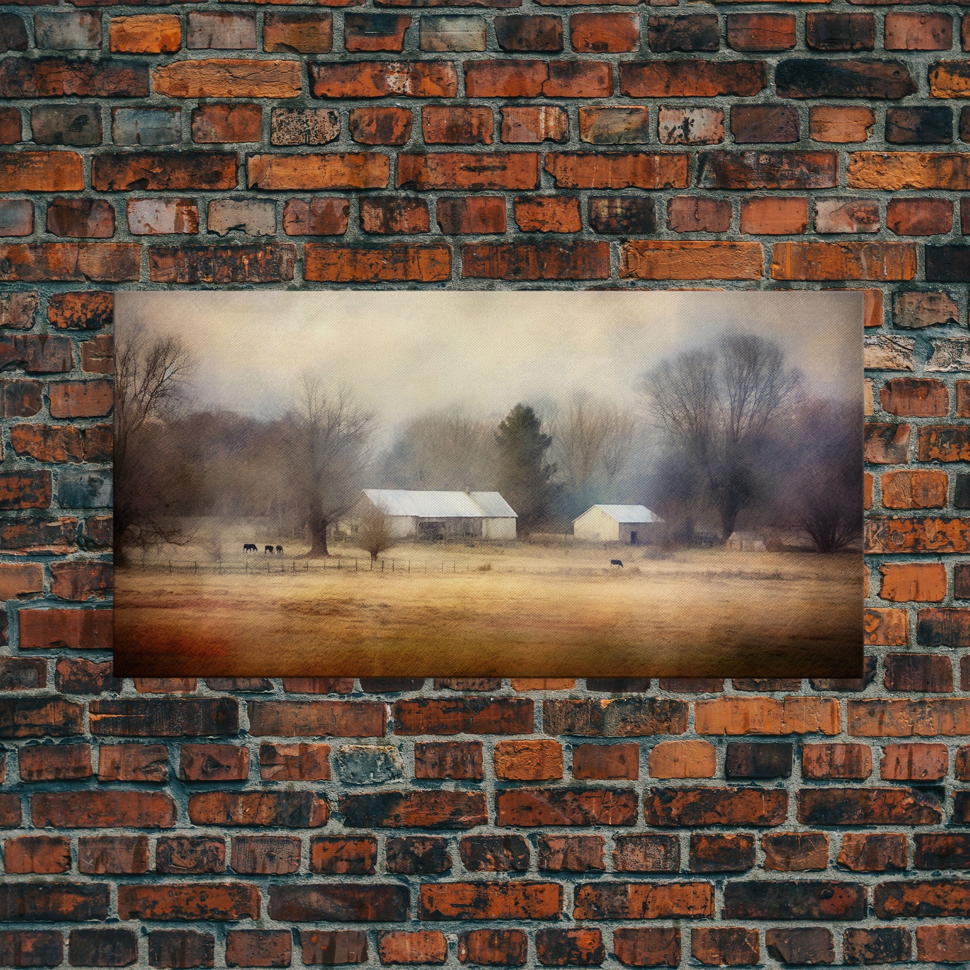 Watercolor Farm House Wall Decor, Country Wall Decor, Farm Wall Decor, Panoramic Wall Decor, Canvas Print, Wall Art, Framed Canvas Art