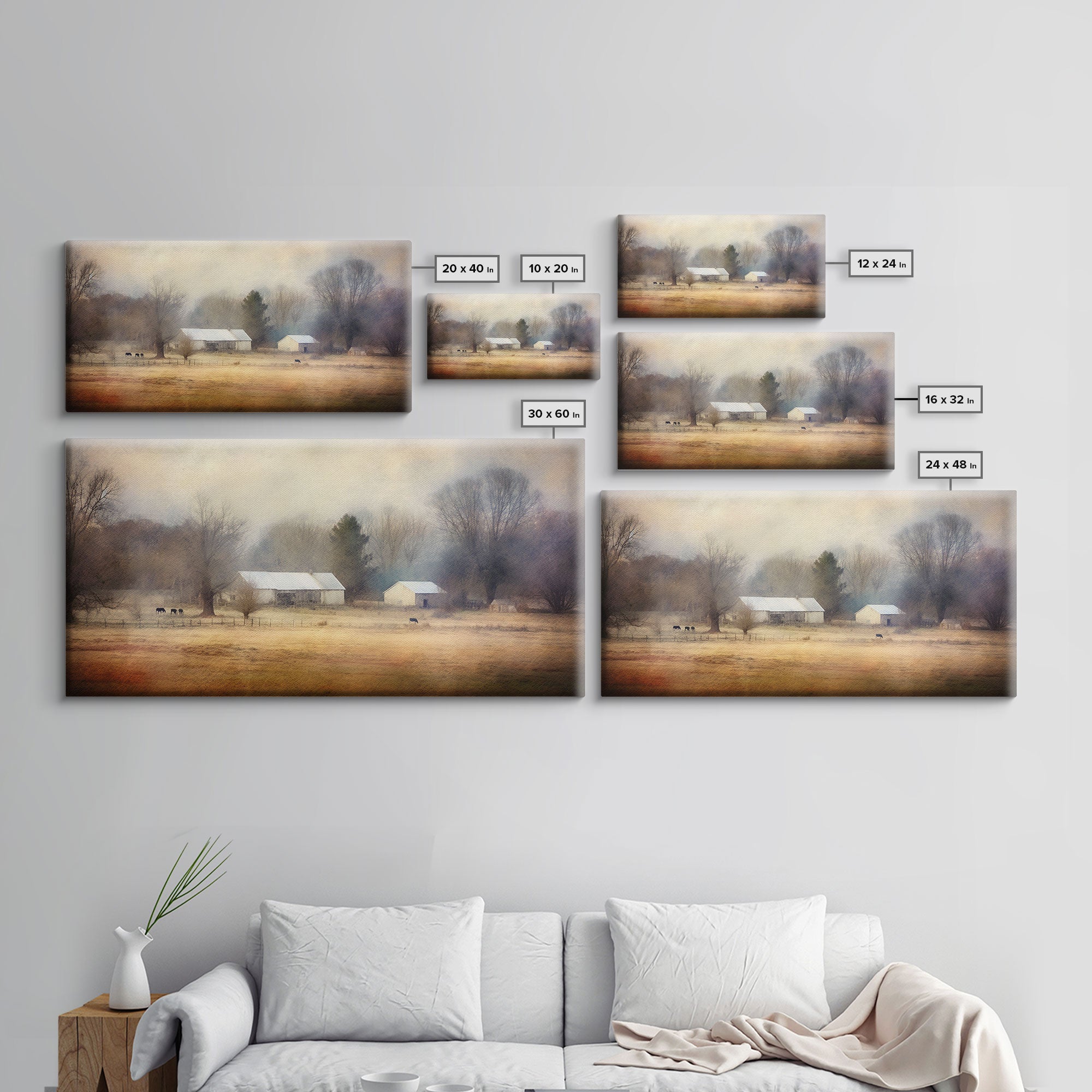 Watercolor Farm House Wall Decor, Country Wall Decor, Farm Wall Decor, Panoramic Wall Decor, Canvas Print, Wall Art, Framed Canvas Art