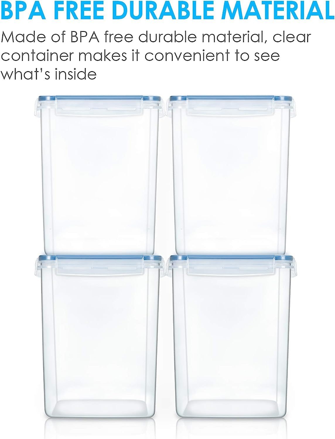 Large Food Storage Containers 5.2L / 176Oz,  4 Pieces BPA Free Plastic Airtight Food Storage Canisters for Flour, Sugar, Baking Supplies, with 4 Measuring Cups and 24 Labels, Blue