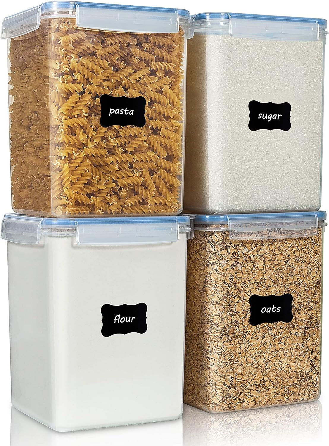 Large Food Storage Containers 5.2L / 176Oz,  4 Pieces BPA Free Plastic Airtight Food Storage Canisters for Flour, Sugar, Baking Supplies, with 4 Measuring Cups and 24 Labels, Blue