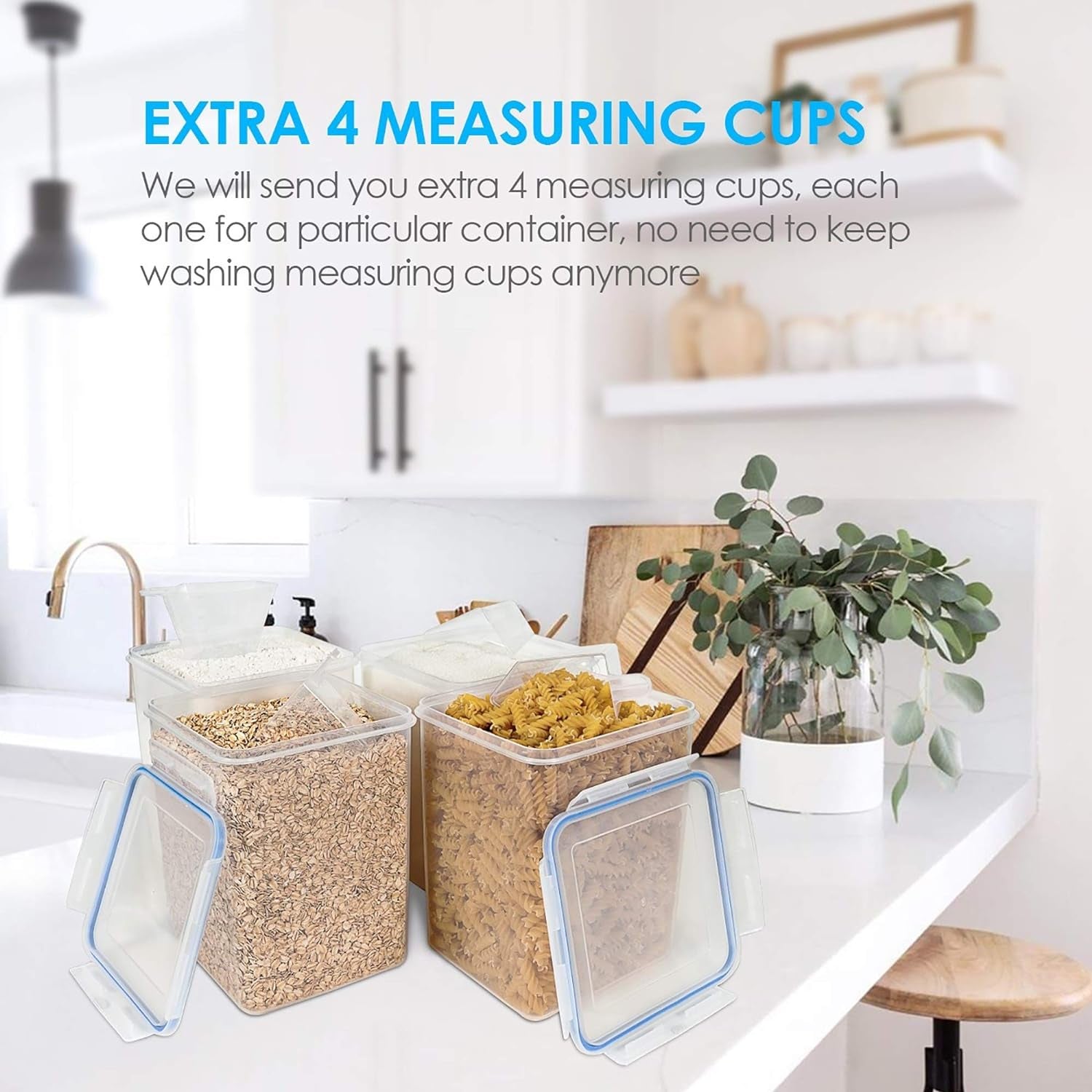 Large Food Storage Containers 5.2L / 176Oz,  4 Pieces BPA Free Plastic Airtight Food Storage Canisters for Flour, Sugar, Baking Supplies, with 4 Measuring Cups and 24 Labels, Blue