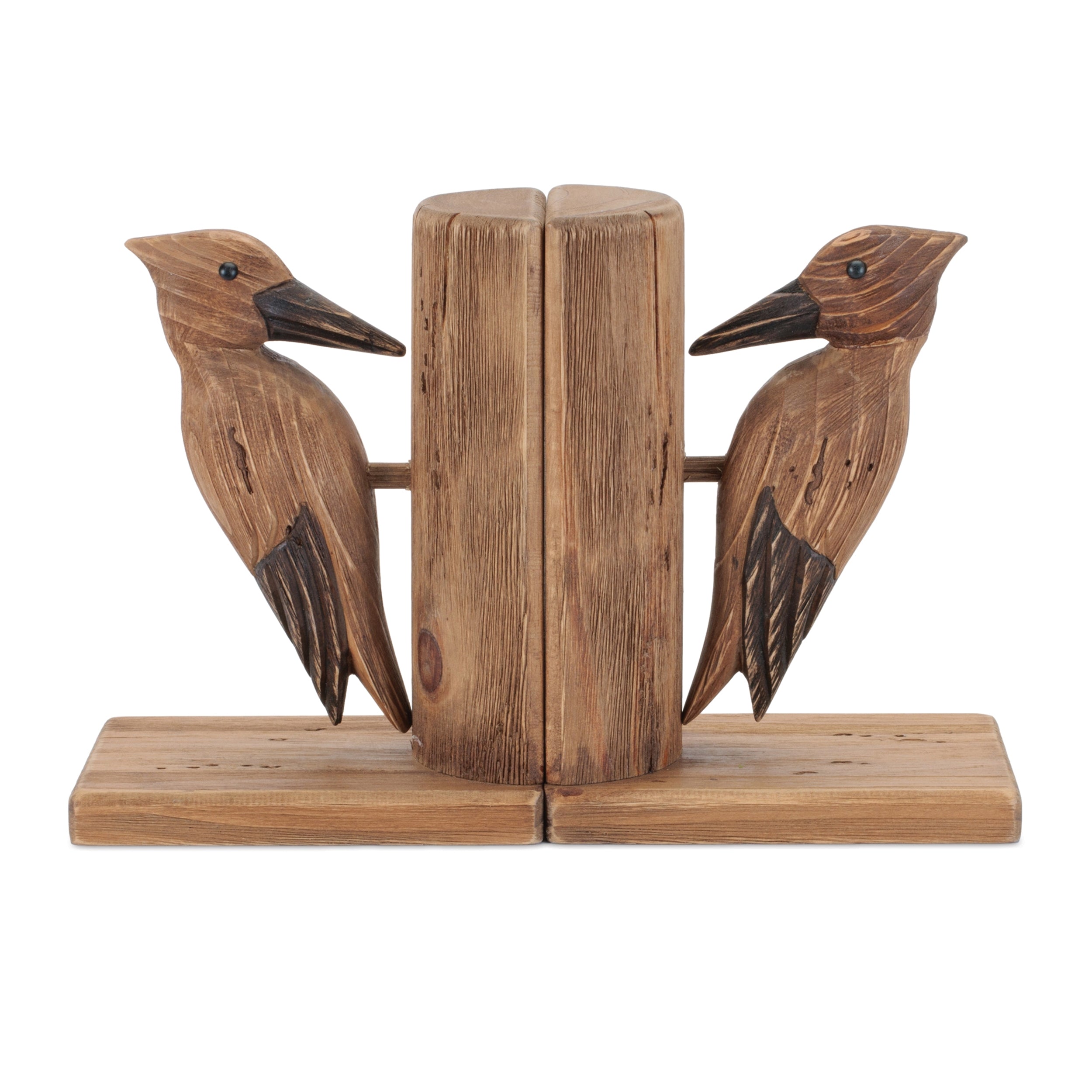 Set of 2 Rustic Pine Wood Woodpecker Bookends – Farmhouse Shelf Decor, Bird Bookends for Living Room & Home Office