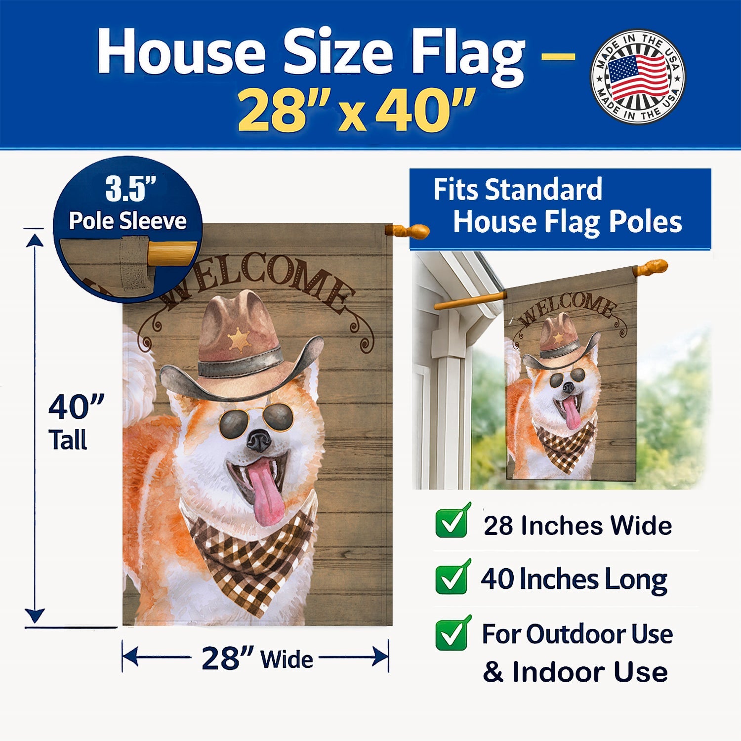 Akita Country Dog House Flag Large Porch Sleeve Pole Decorative Outside Yard Banner Artwork Wall Hanging, Polyester, House Size, Multicolor