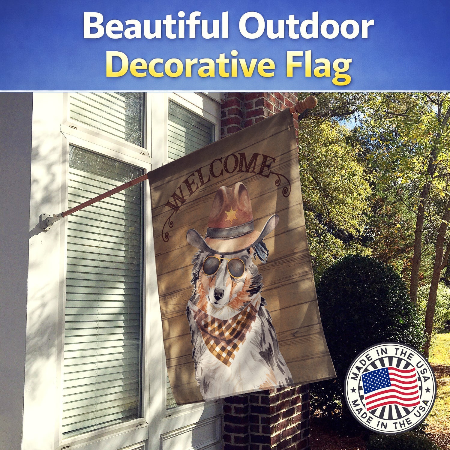 Australian Shepherd Country Dog House Flag Large Porch Sleeve Pole Decorative Outside Yard Banner Artwork Wall Hanging, Polyester, House Size, Multicolor