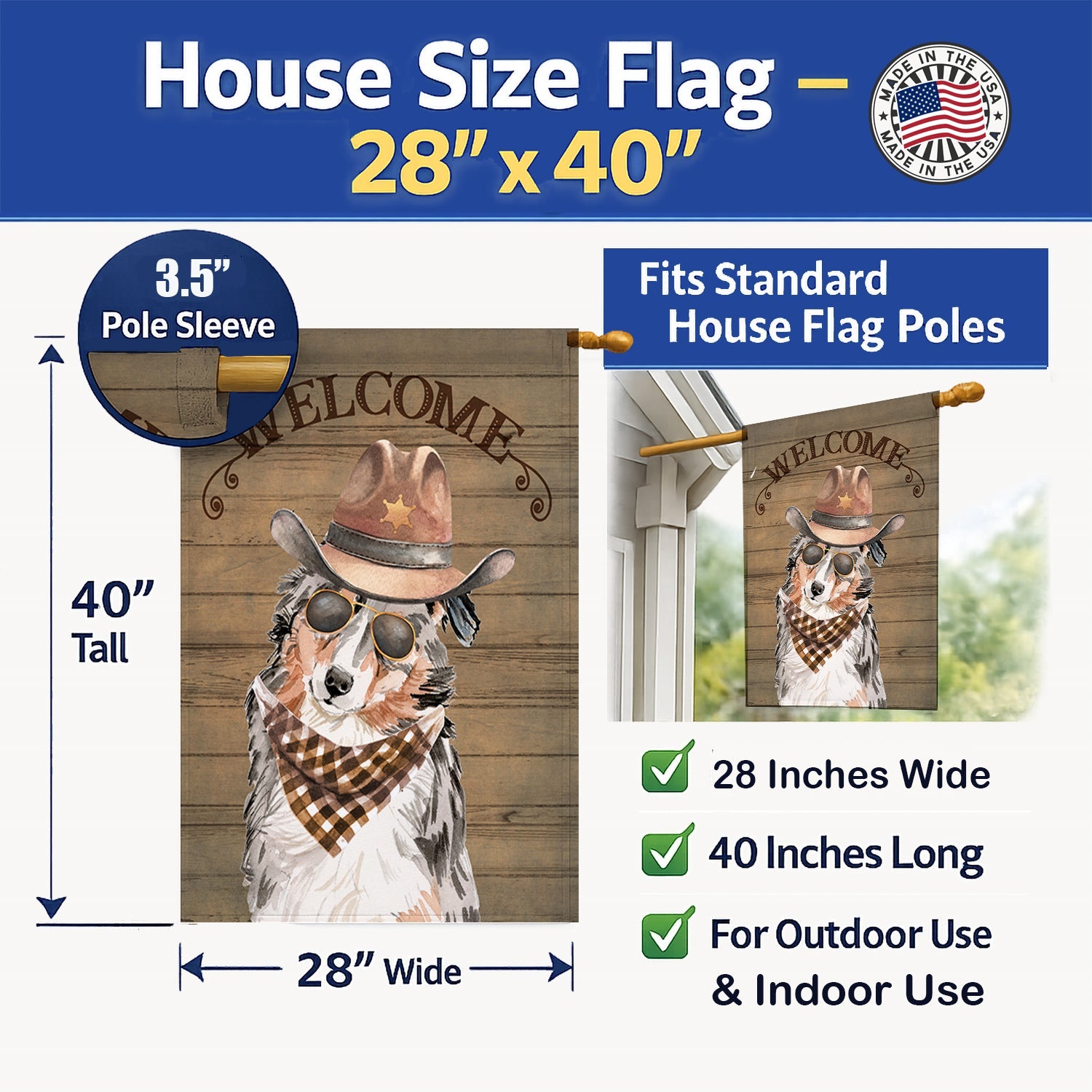 Australian Shepherd Country Dog House Flag Large Porch Sleeve Pole Decorative Outside Yard Banner Artwork Wall Hanging, Polyester, House Size, Multicolor