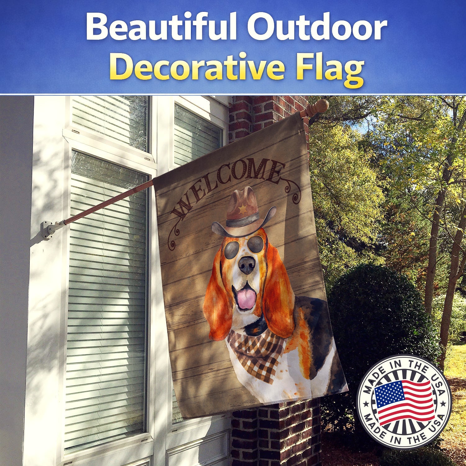 Basset Hound Country Dog House Flag Large Porch Sleeve Pole Decorative Outside Yard Banner Artwork Wall Hanging, Polyester, House Size, Multicolor