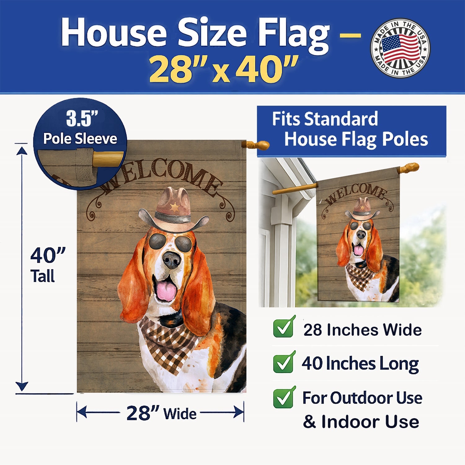 Basset Hound Country Dog House Flag Large Porch Sleeve Pole Decorative Outside Yard Banner Artwork Wall Hanging, Polyester, House Size, Multicolor