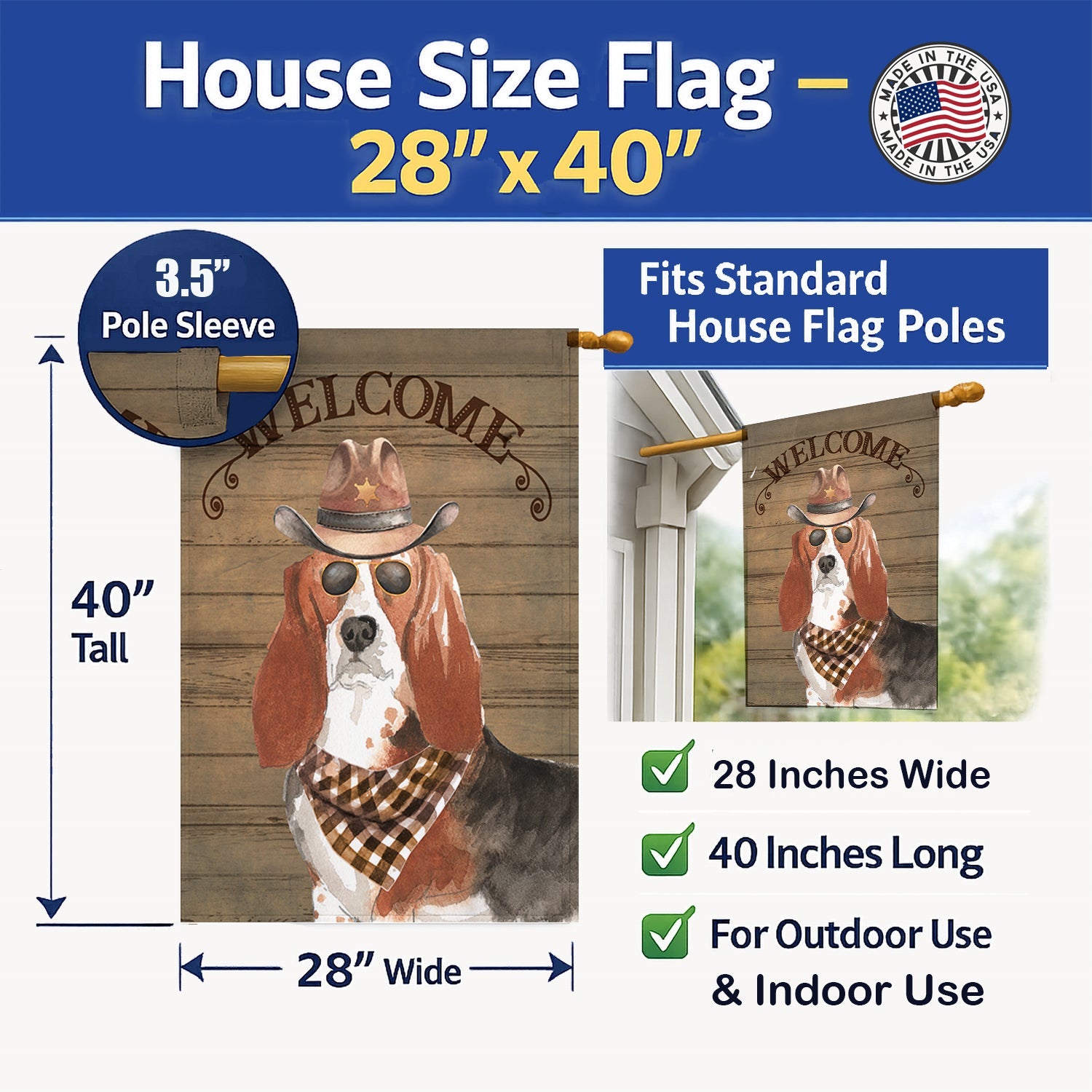 Basset Hound #2 Country Dog House Flag Large Porch Sleeve Pole Decorative Outside Yard Banner Artwork Wall Hanging, Polyester, House Size, Multicolor