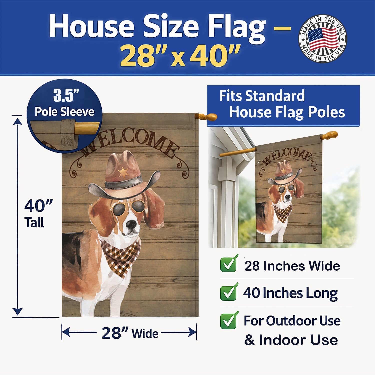 Beagle Country Dog House Flag Large Porch Sleeve Pole Decorative Outside Yard Banner Artwork Wall Hanging, Polyester, House Size, Multicolor