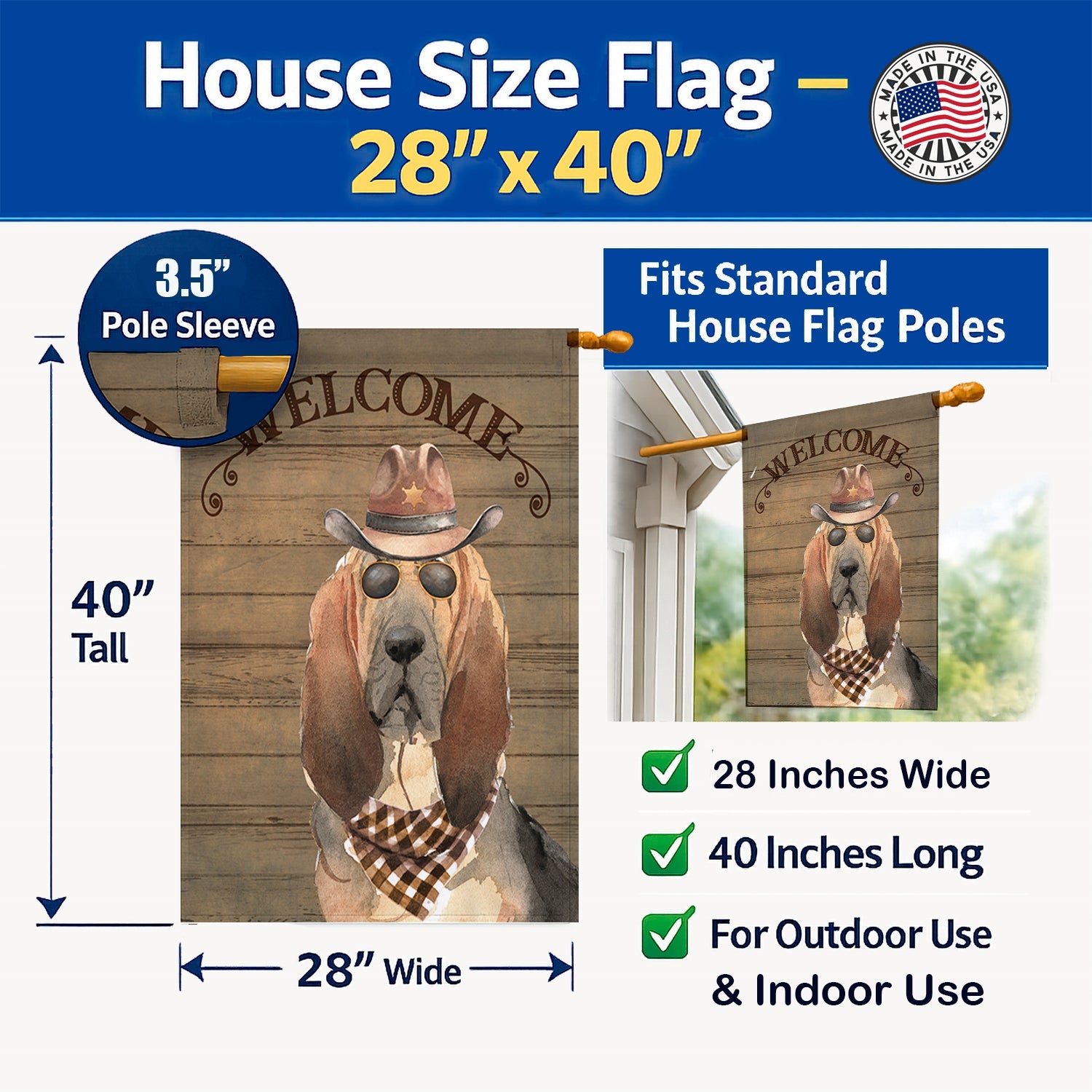 Bloodhound Country Dog House Flag Large Porch Sleeve Pole Decorative Outside Yard Banner Artwork Wall Hanging, Polyester, House Size, Multicolor