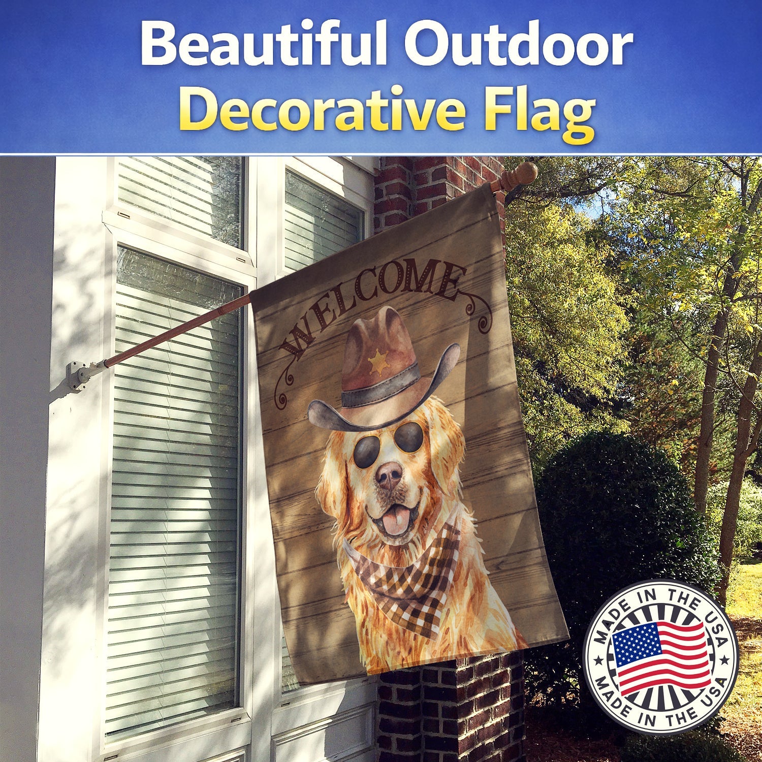 Golden Retriever Country Dog House Flag Large Porch Sleeve Pole Decorative Outside Yard Banner Artwork Wall Hanging, Polyester, House Size, Multicolor