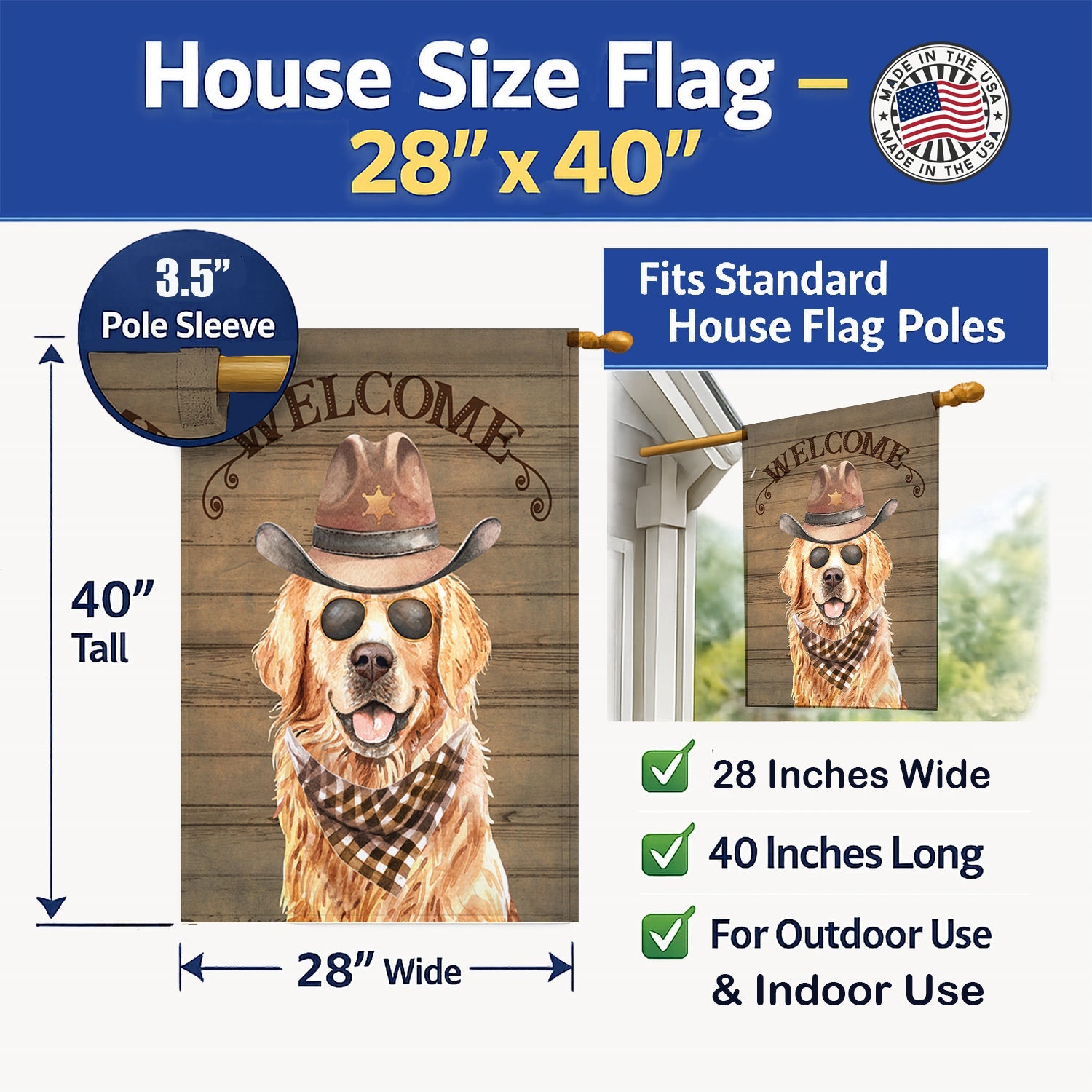 Golden Retriever Country Dog House Flag Large Porch Sleeve Pole Decorative Outside Yard Banner Artwork Wall Hanging, Polyester, House Size, Multicolor