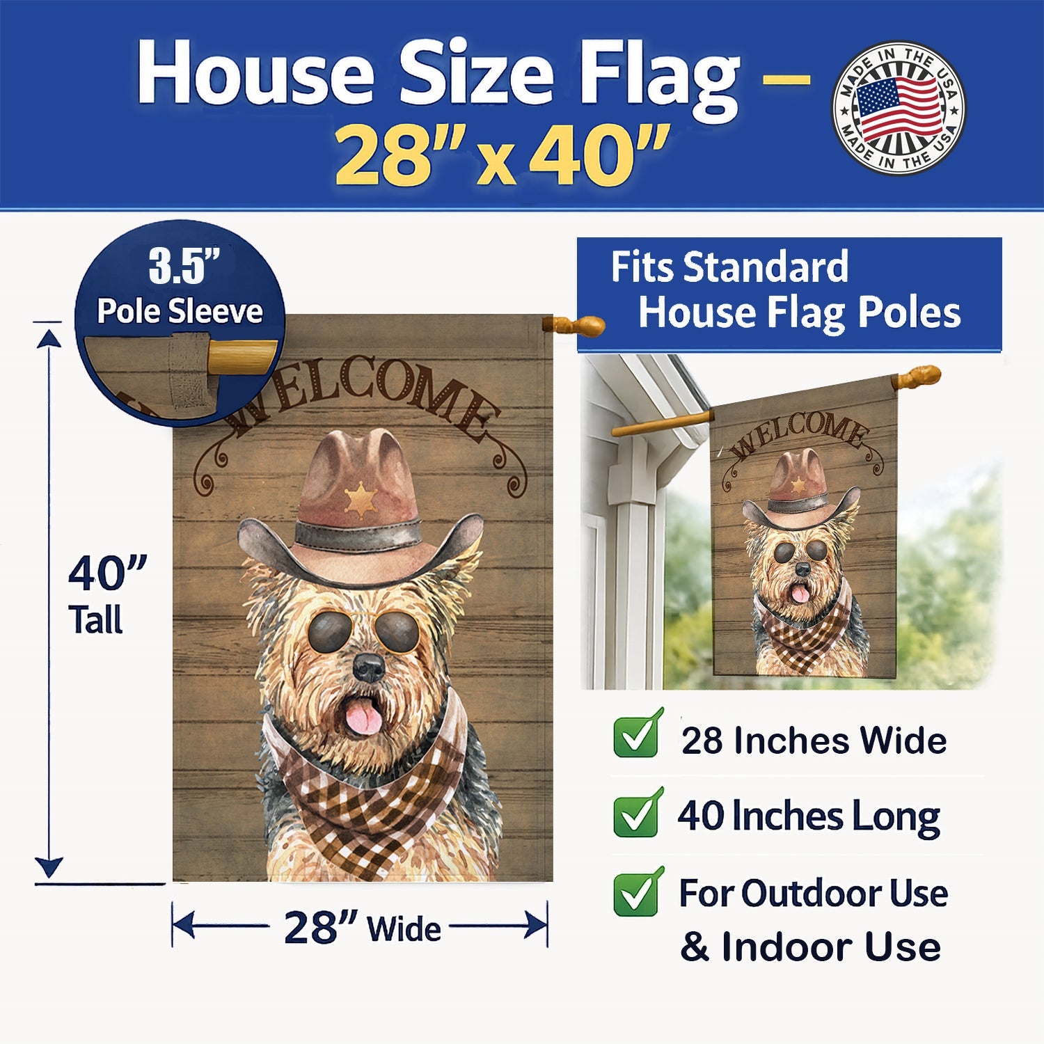 Yorkshire Terrier Country Dog House Flag Large Porch Sleeve Pole Decorative Outside Yard Banner Artwork Wall Hanging, Polyester, House Size, Multicolor