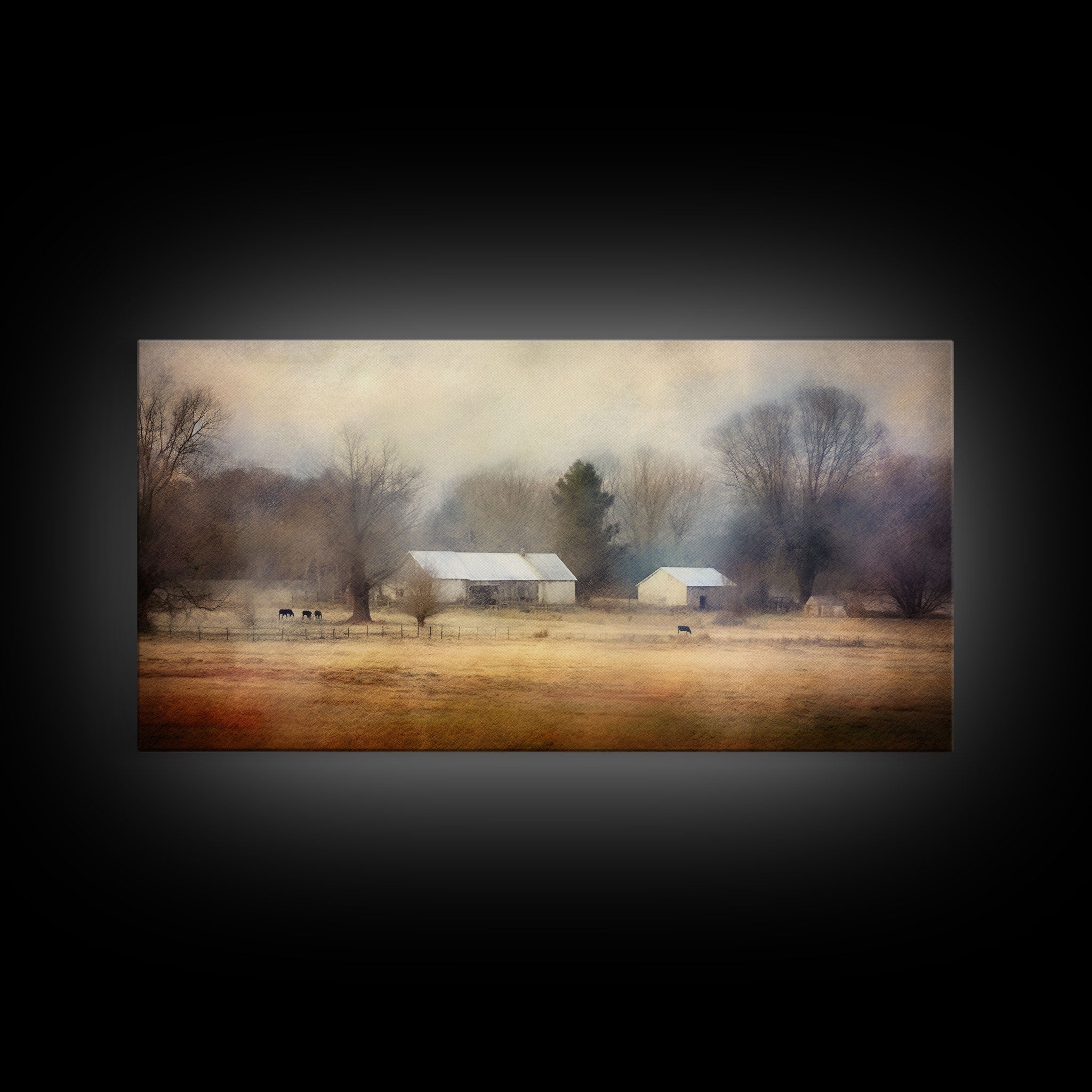 Watercolor Farm House Wall Decor, Country Wall Decor, Farm Wall Decor, Panoramic Wall Decor, Canvas Print, Wall Art, Framed Canvas Art
