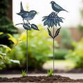 Set of 2 Iron Bird Cut Out and Flower Garden Stakes