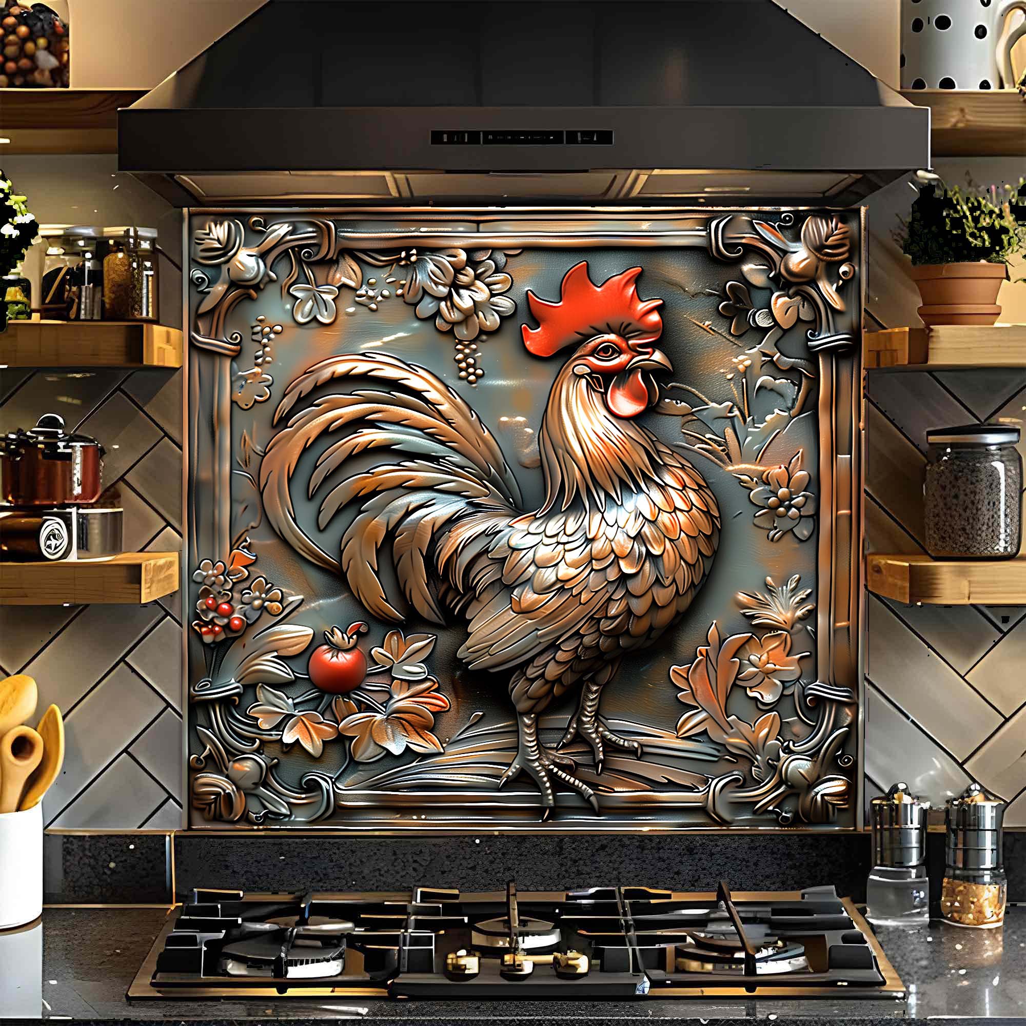 Copper Rooster – Tempered Glass Backsplash for Kitchen Stove | Copper Look Backsplash