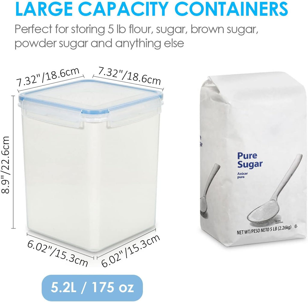 Large Food Storage Containers 5.2L / 176Oz,  4 Pieces BPA Free Plastic Airtight Food Storage Canisters for Flour, Sugar, Baking Supplies, with 4 Measuring Cups and 24 Labels, Blue