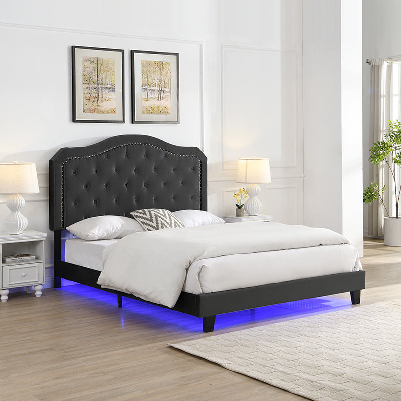 Queen Upholstered Bed Button Tufted with Curve Design