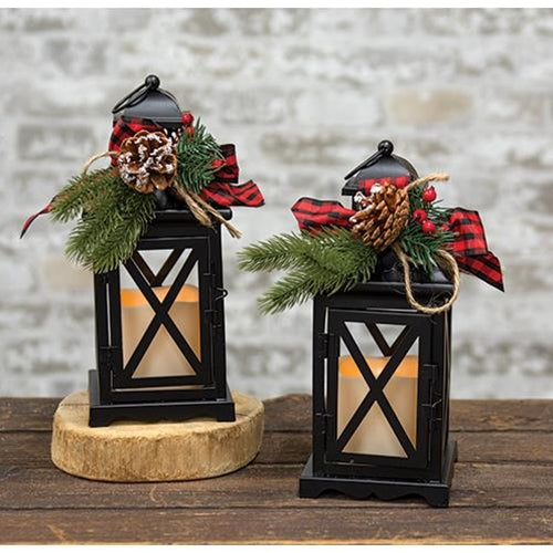 Set of 2 Metal Rustic Holiday LED Timer Lantern