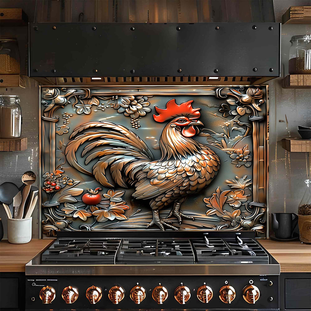 Copper Rooster – Tempered Glass Backsplash for Kitchen Stove | Copper Look Backsplash