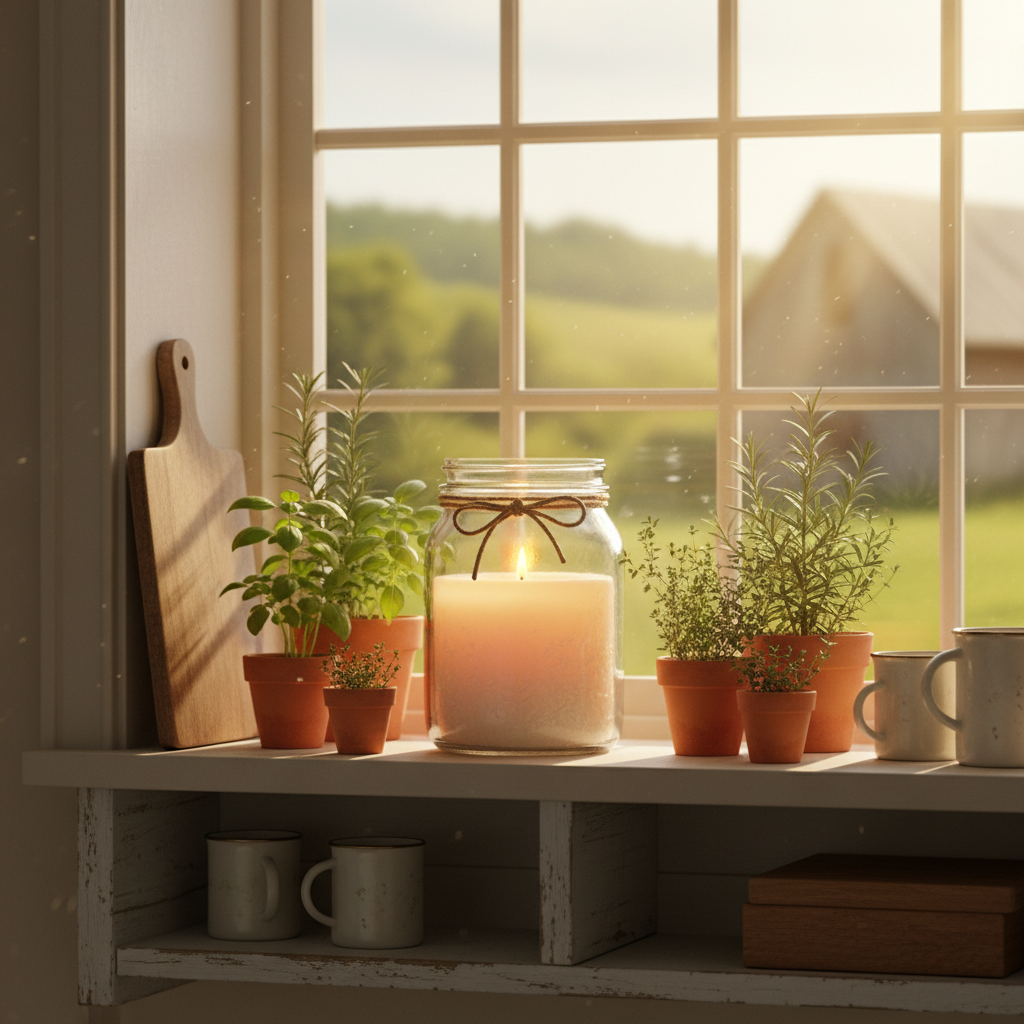 Farmhouse mason jar candle on kitchen windowsill