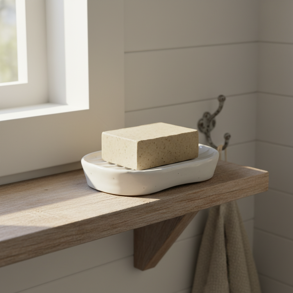 Farmhouse ceramic soap dish on wooden bathroom shelf