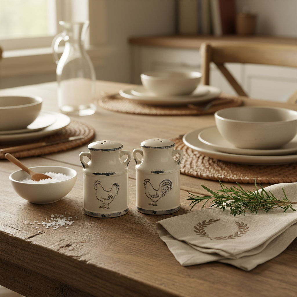 Farmhouse ceramic salt and pepper shakers on dining table