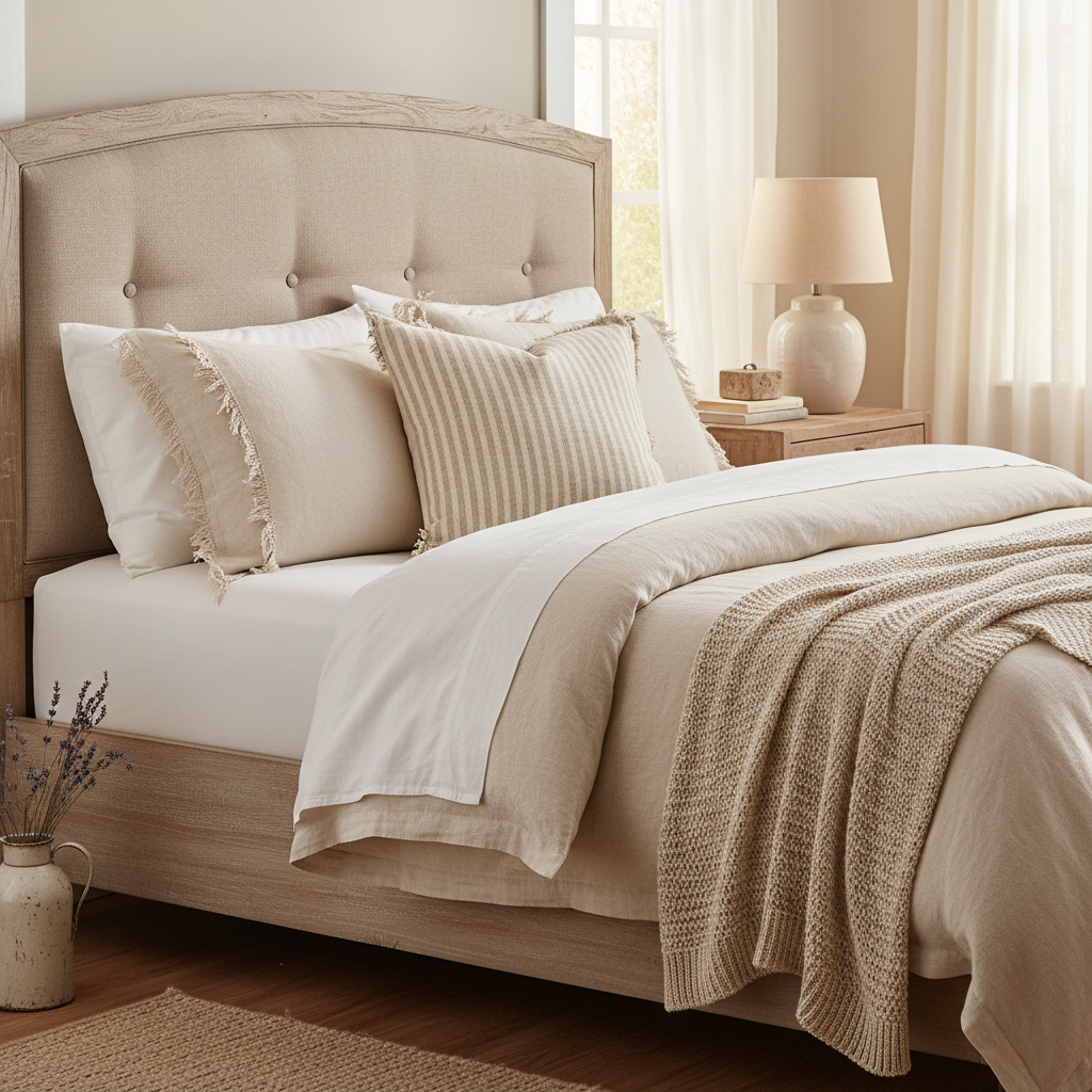 Farmhouse Linen Pillow Cover Set on bed