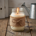 Farmhouse mason jar beeswax candle with burlap ribbon