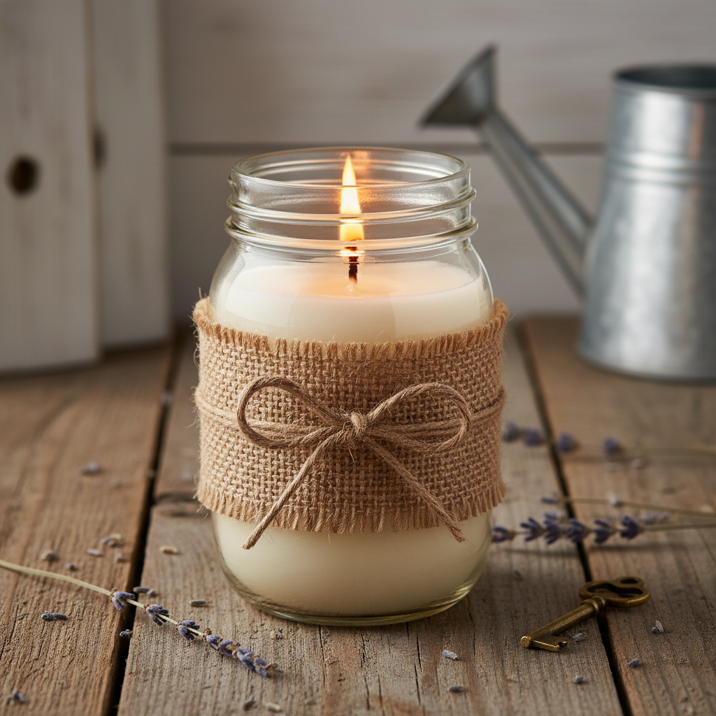 Farmhouse mason jar beeswax candle with burlap ribbon