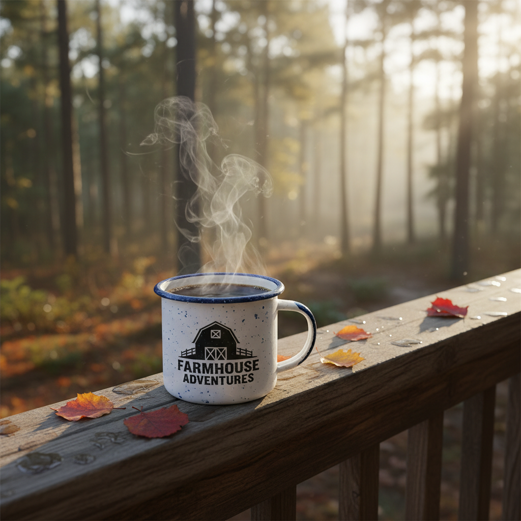 Farmhouse enamel camping mug on cabin porch with forest view