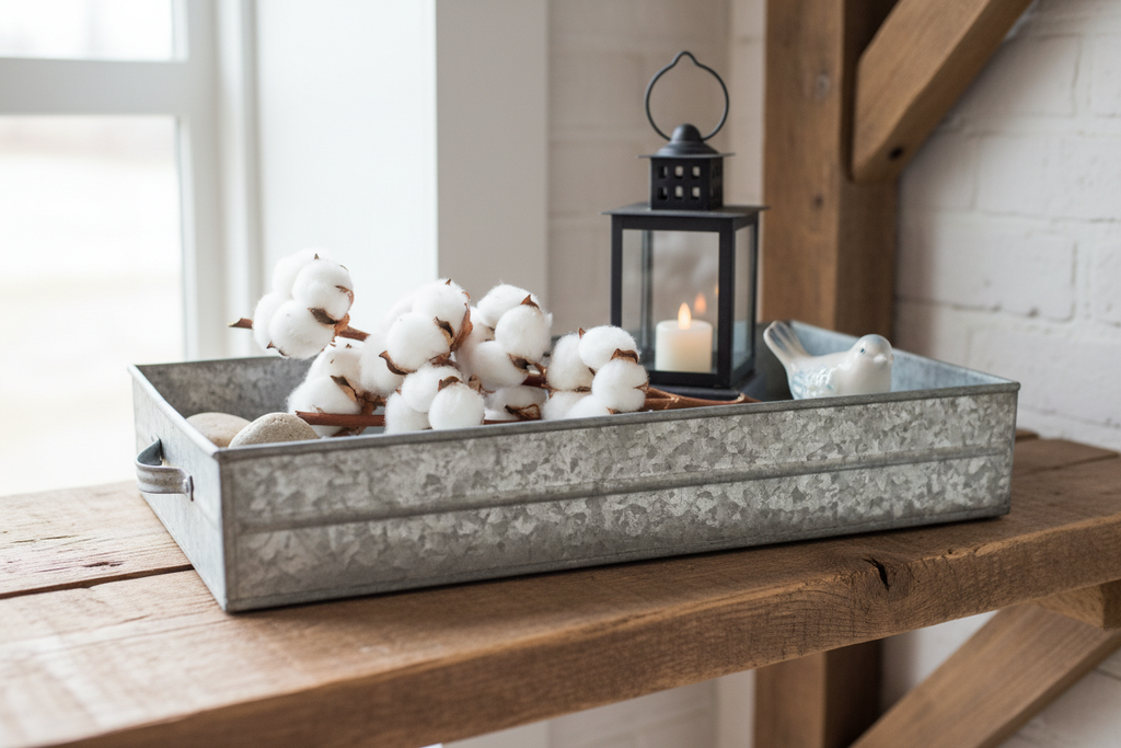 Farmhouse Galvanized Metal Tray close up on rustic shelf