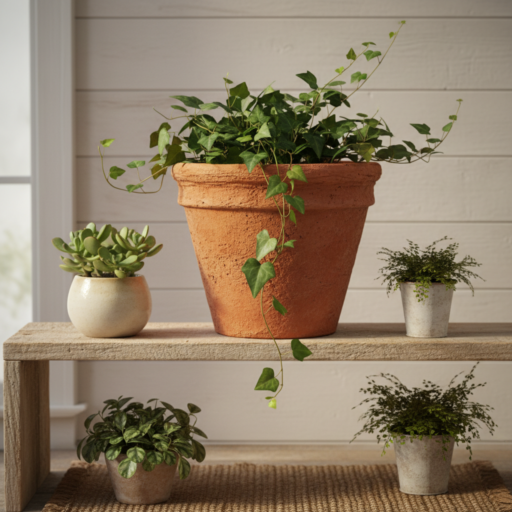 Farmhouse terracotta clay planter with trailing ivy on shelf