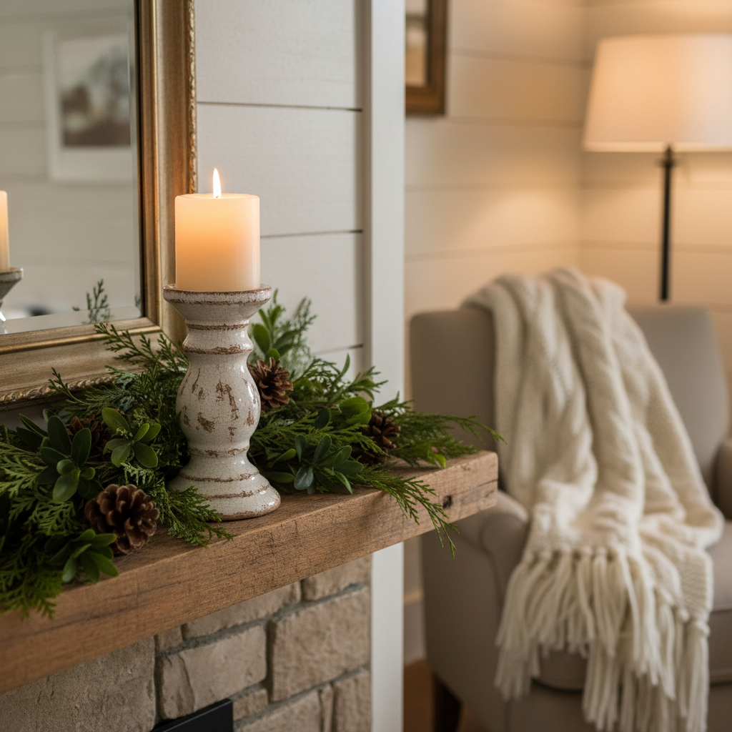 Farmhouse ceramic pillar candle holder on mantelpiece