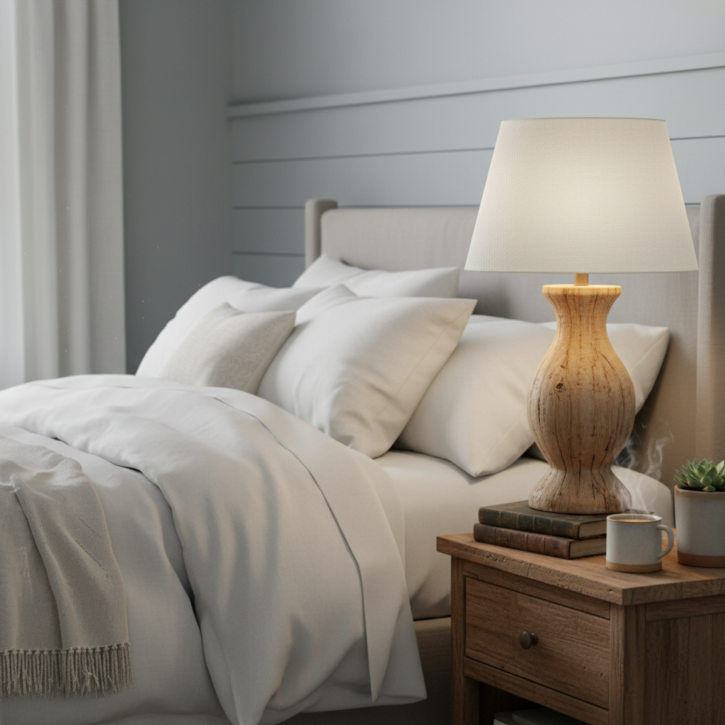 Farmhouse Wooden Bedside Lamp on nightstand