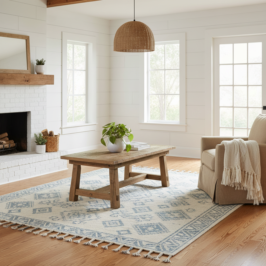 Farmhouse Woven Cotton Area Rug under coffee table
