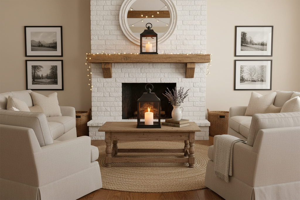 Farmhouse Candle Lantern glowing on rustic mantel