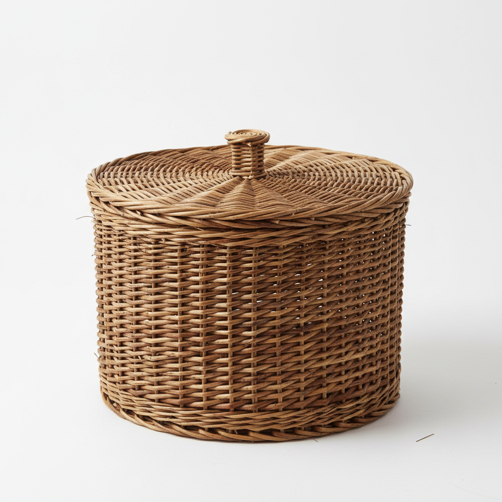 Farmhouse woven rattan storage bin with lid product shot