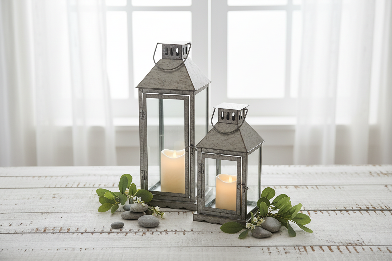 Galvanized Metal Lantern set with greenery
