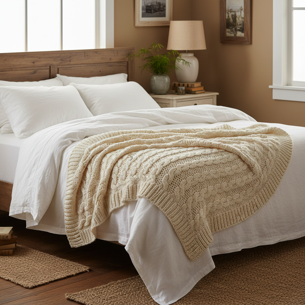Farmhouse chunky knit cream throw blanket on bed