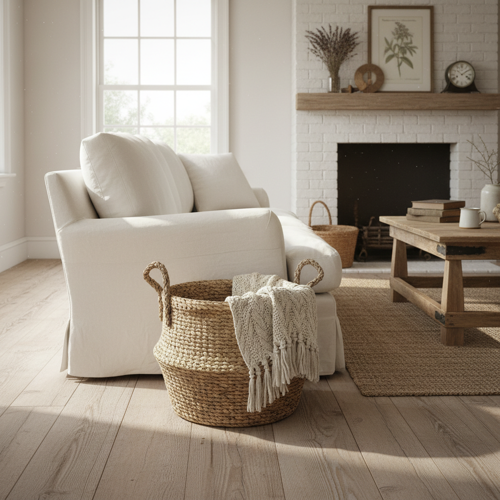 Farmhouse large seagrass basket in living room