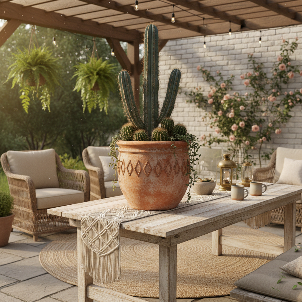 Farmhouse terracotta clay planter with cactus on outdoor patio