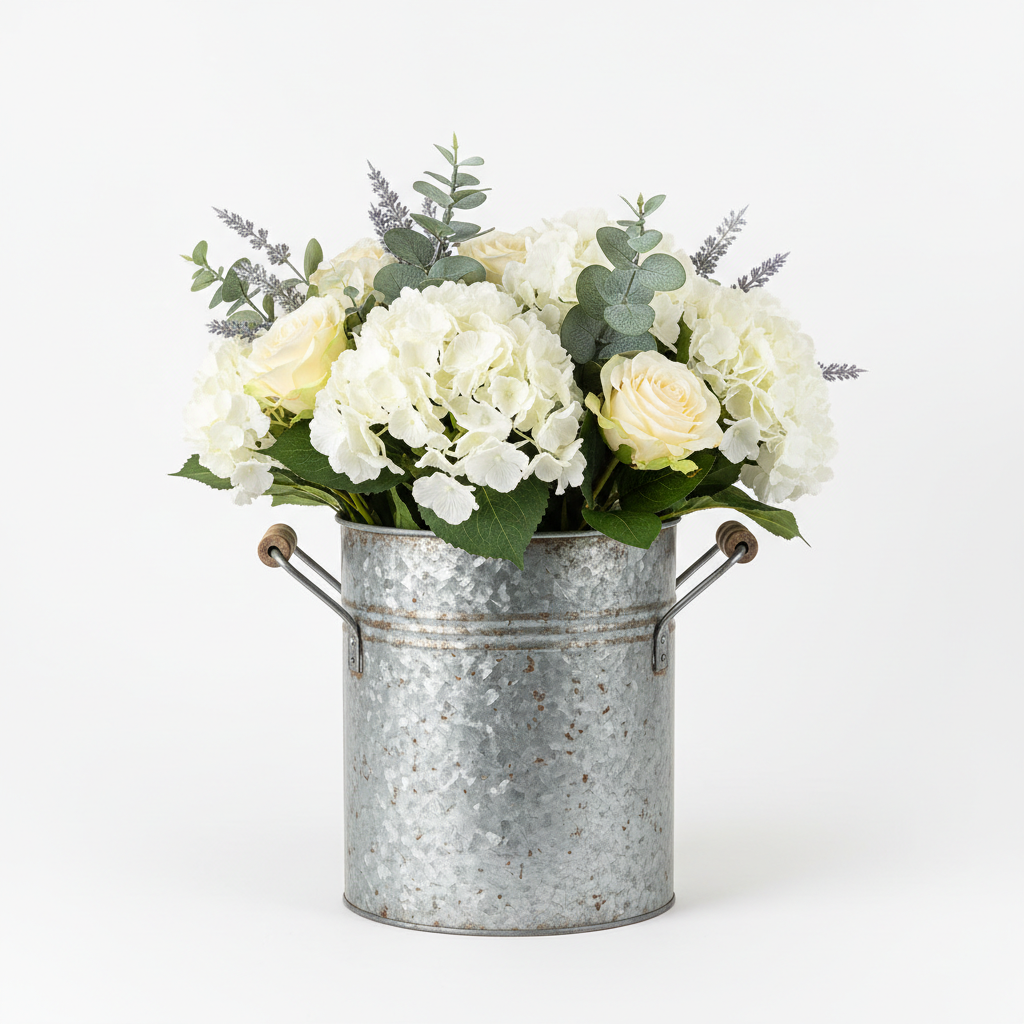 Farmhouse galvanized metal bucket vase product shot