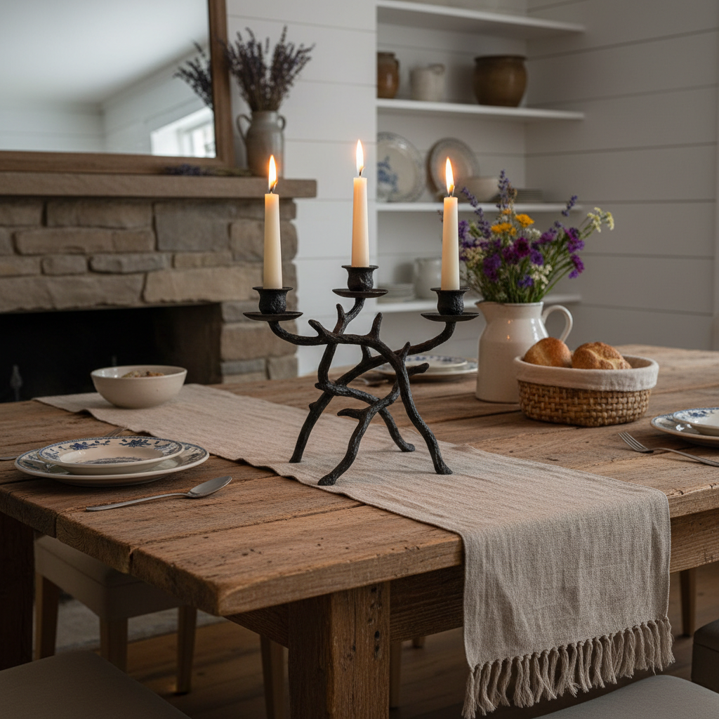 Farmhouse wrought iron taper candle holder on dining table