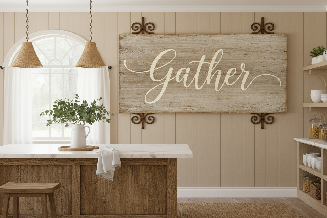 Farmhouse Wooden Wall Sign Gather script