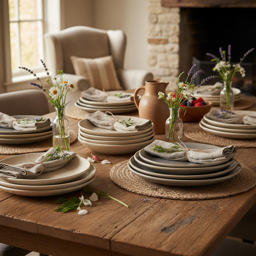 Farmhouse rustic stoneware dinner plate set styled with linen napkins