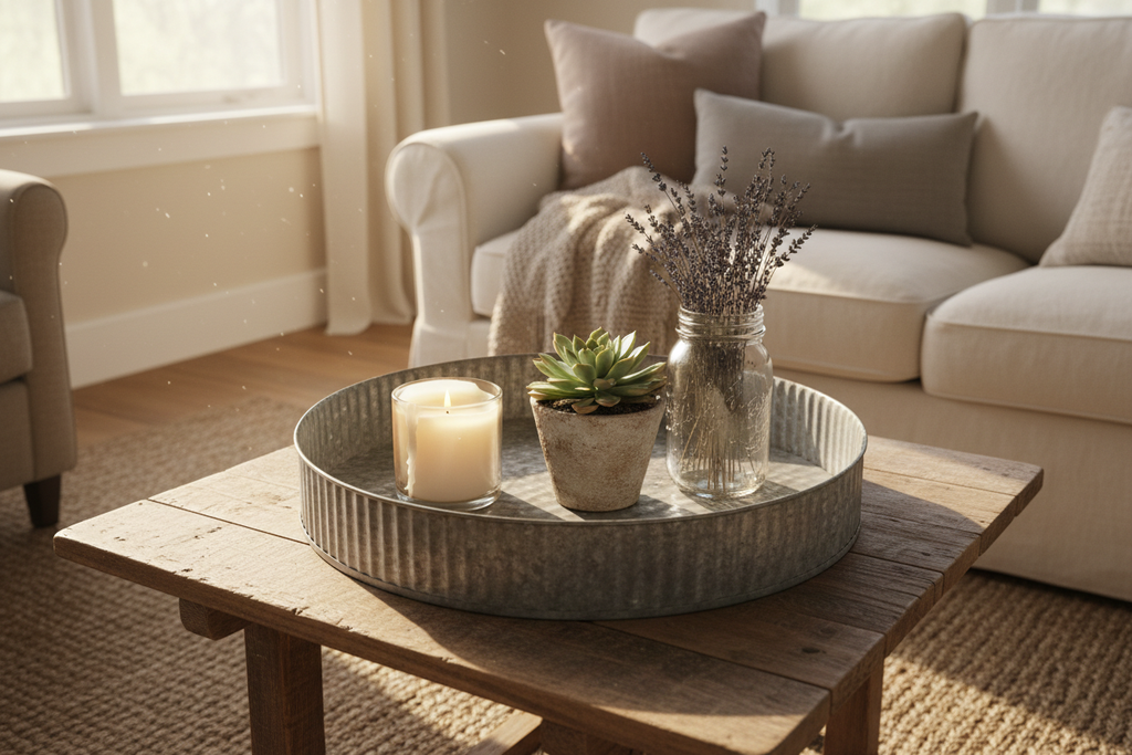 Farmhouse Galvanized Metal Tray styled on coffee table