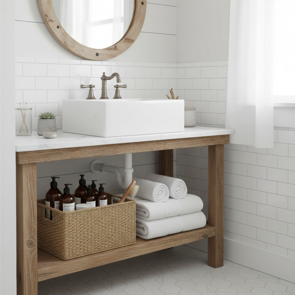 Farmhouse rectangular jute storage bin under bathroom vanity