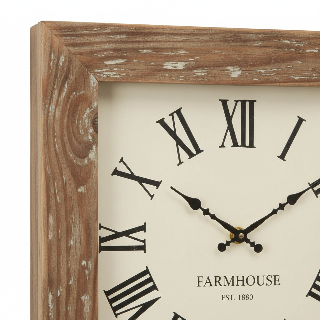 Farmhouse Rustic Wood Frame Wall Clock detail close up